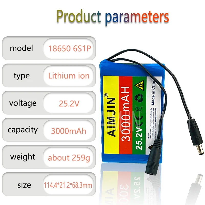 24V 3Ah 6s1p 18650 rechargeable lithium battery pack, suitable for 25.2v battery with bms+charger