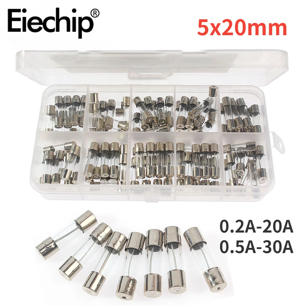 100PCS  Glass Fuse Fast Blow 5x20mm Fuse Assortment Kit 250V Quick Blow Fuse 0.2A 0.5A  1A  2A  3A  5A  8A  10A  15A  20A 30A