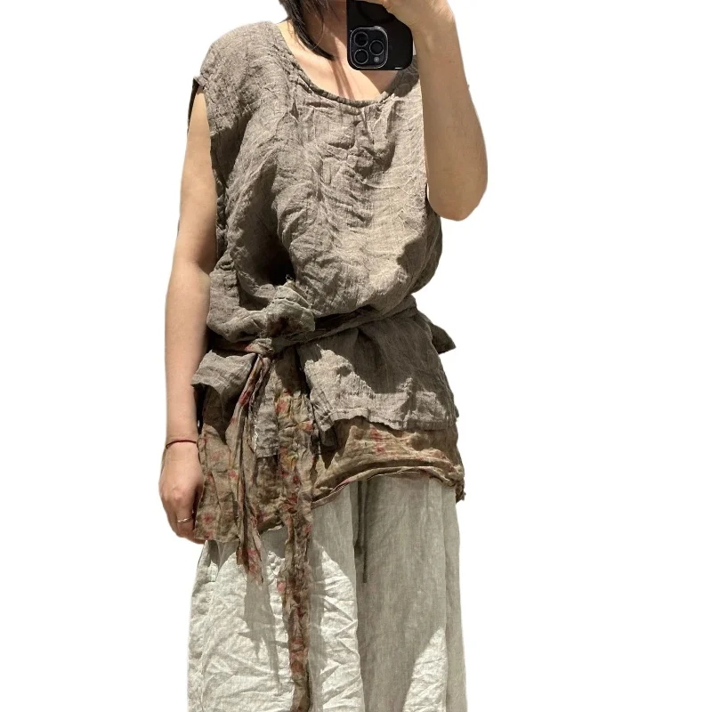 Women Vintage Ramie High Quality Summer Tank Tops O-Neck Sleeveless Loose Plus Size 2025 Korean New Women Basic Tanks and Camis
