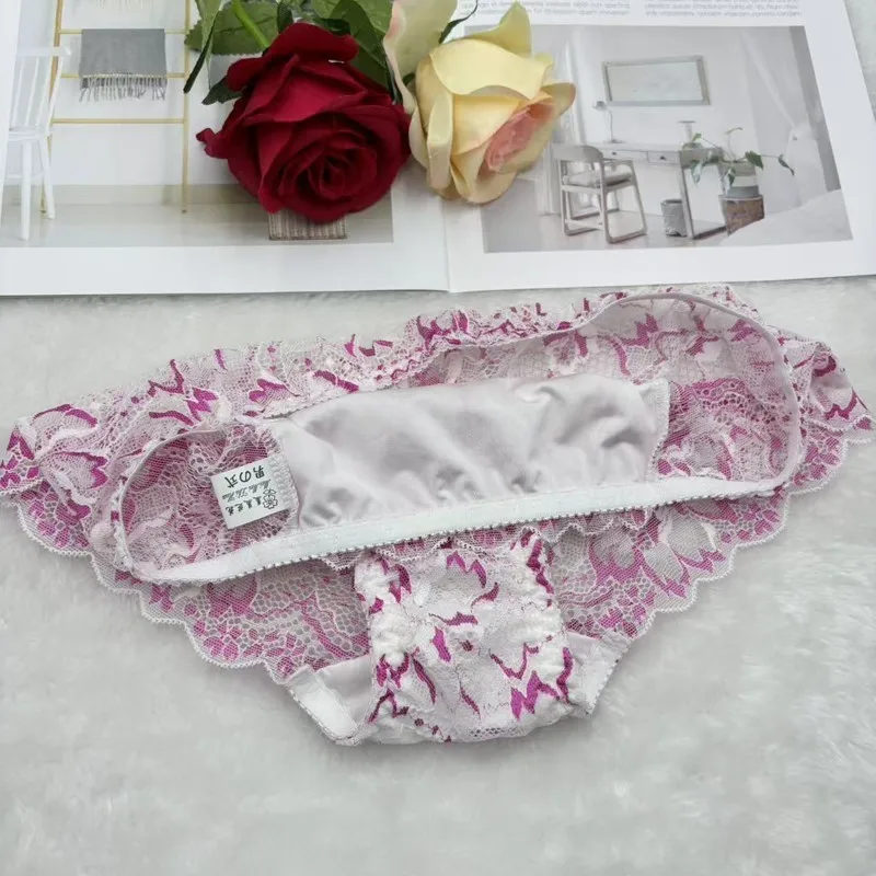 Japanese Style Sexy Men's Sheer Lace Shiny Pouch Bag Briefs Sweet Pink Male Mesh Gay Underwear Mid Waist Breathable Panties view 4
