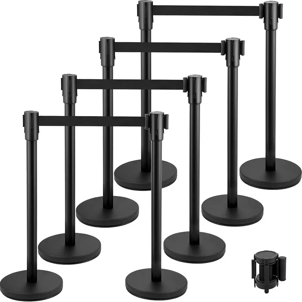

Crowd Control Stanchion, Set o 8 Pieces Stanchion Set, Stanchion Set with 6.6 t/2 m Black Retractable Belt, Black Crowd Control
