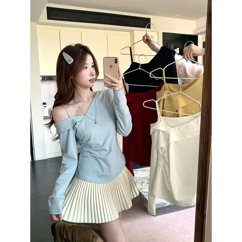 

Весна 2026: Женский приталенный топ с открытыми плечами и длинными рукавами в нежном стиле, модная повседневная одежда с низкой талией, дизайн Pure Desire