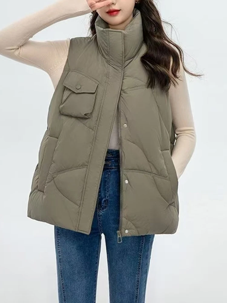 Slim Casual Chic Woman Parkas New Fashion Autumn Winter Solid Color Women Parkas Khaki Color Simple Basic Sleeveless Coat Female