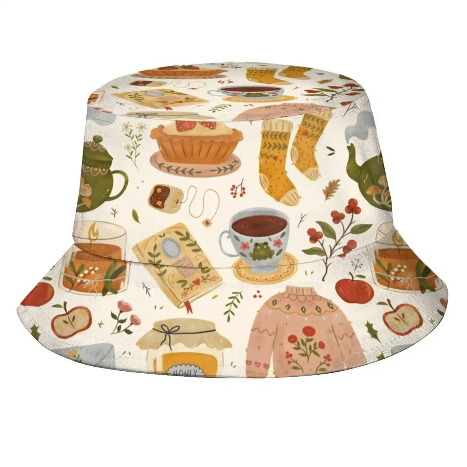 Cozy Cottage Pattern Sun Cap Fisherman Hat Bucket Hats Wintertime Cottagecore Tea Lover Tea Pot Book Lover Comfort Stay Cozy