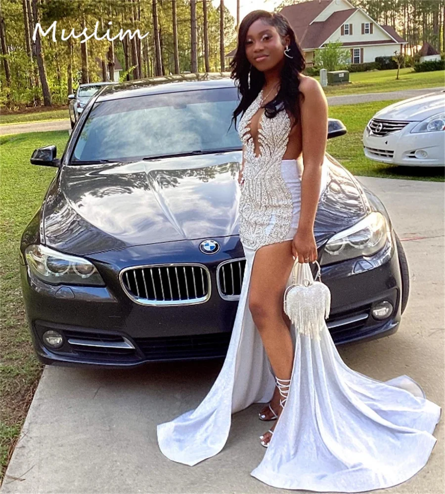 Gorgeous Silver Evening Dress With Diamond Crystal Luxury Black Girls Prom Dresses With Slit African Dance Birthday Customized