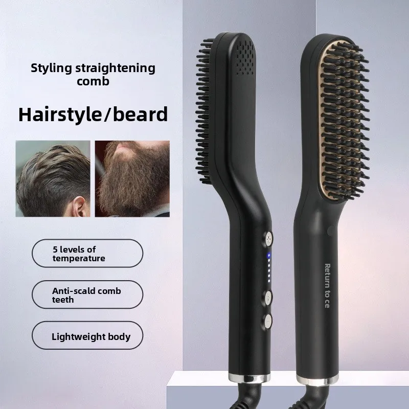 2-in-1 Ceramic Hair & Beard Straightener Brush with Adjustable Temperature Styling Comb for Smooth Grooming
