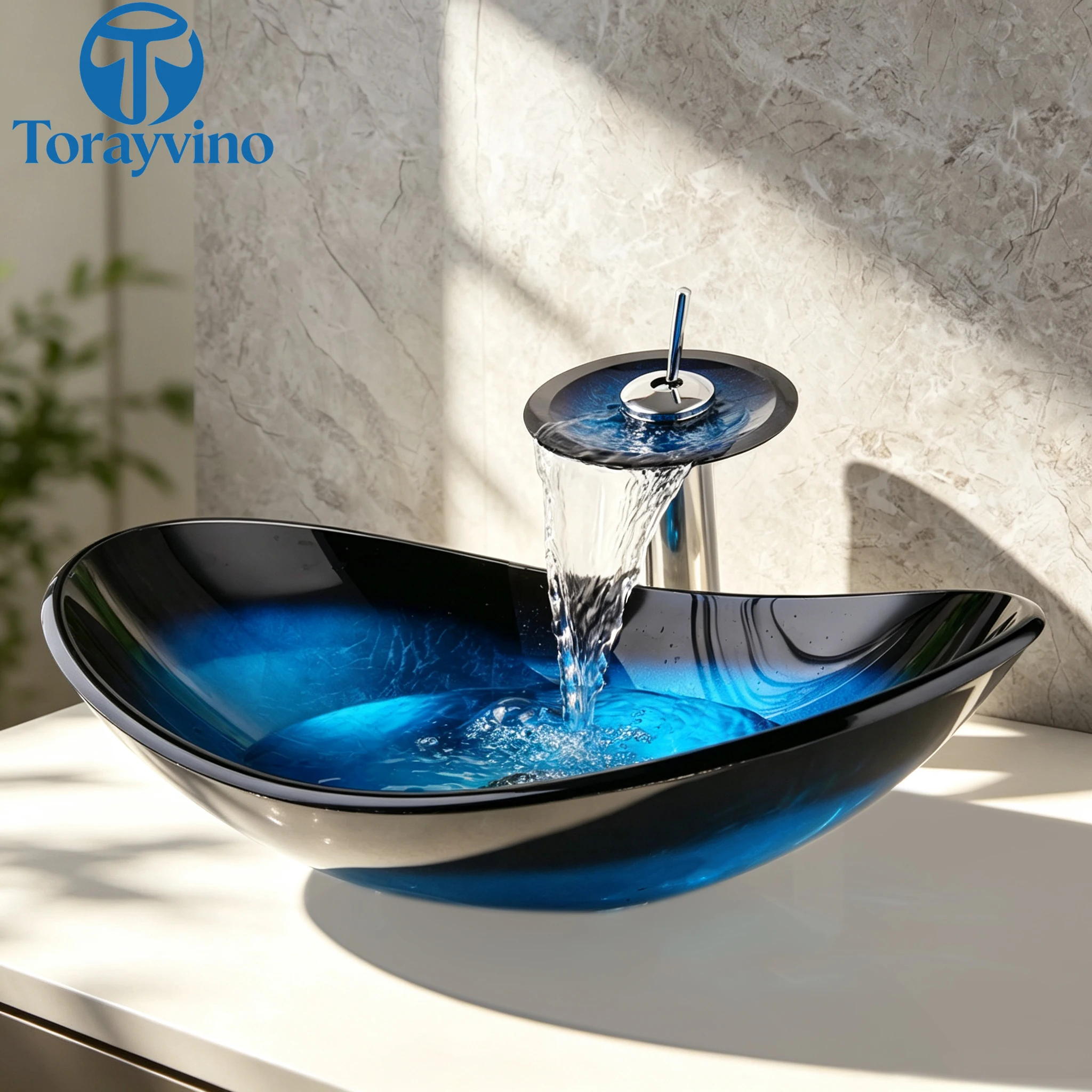 Torayvino Bathroom Oval Shape Tempered Glass Vessel Sink Set Black Waterfall Faucet  Above Counter Art Basin Pop-up Combo