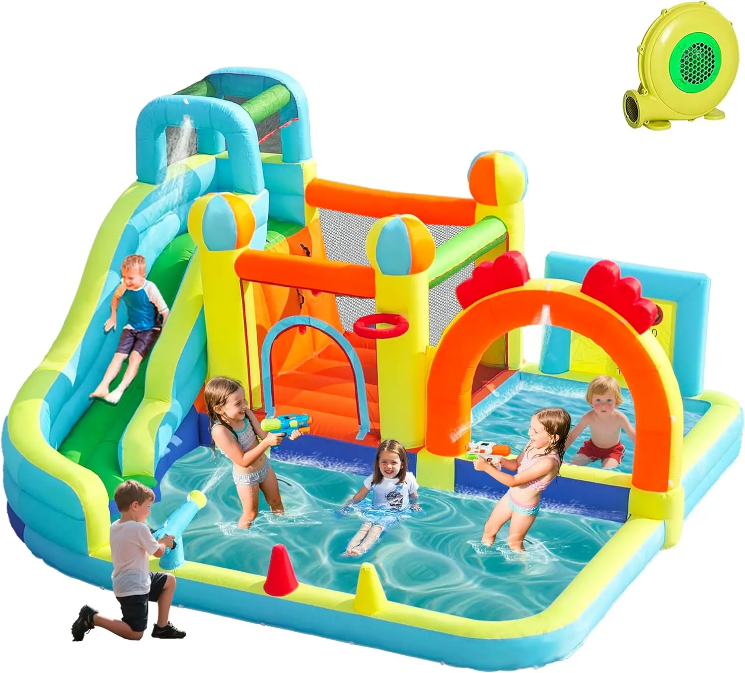 

Kids Inflatable Water Slide Park and Bounce House with Air Blower – Backyard Bouncy Castle Featuring Climbing Wall, Jumping Area, Water Gun, Splash Pool, and Basketball Hoop for Outdoor Party Fun