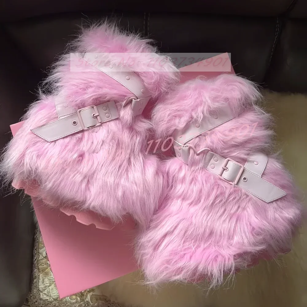 

Pink Furry Platform Mid Calf Boots Women Warm Thick Soled Buckle Strap Round Toe High Heels Female Trendy Party Snow Boots