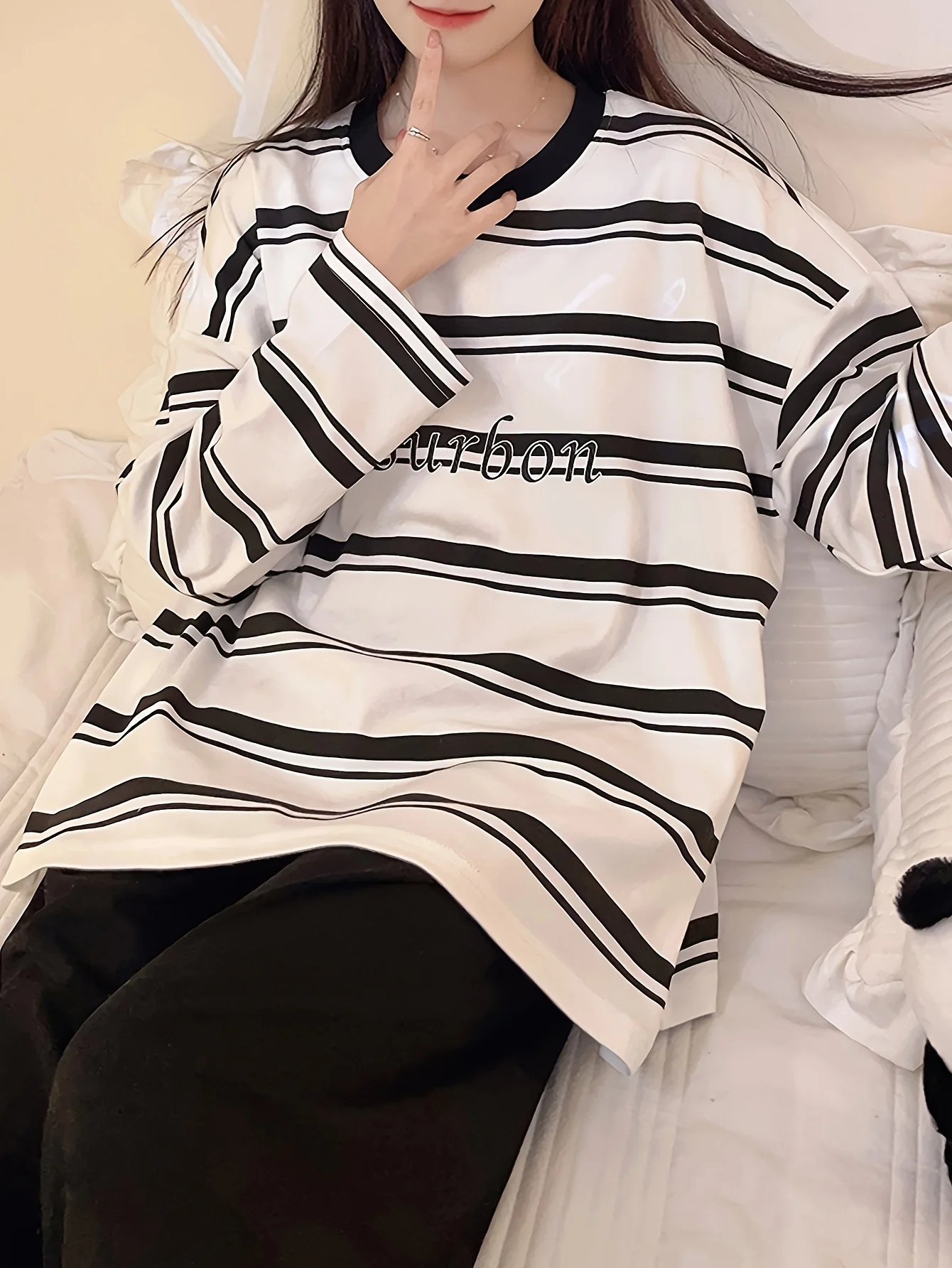 2-Piece Women's Pajama Set - Striped Letter-Printed Long-Length Top and Solid-Color Long Pants, Pullover Style, Comfortable Loun