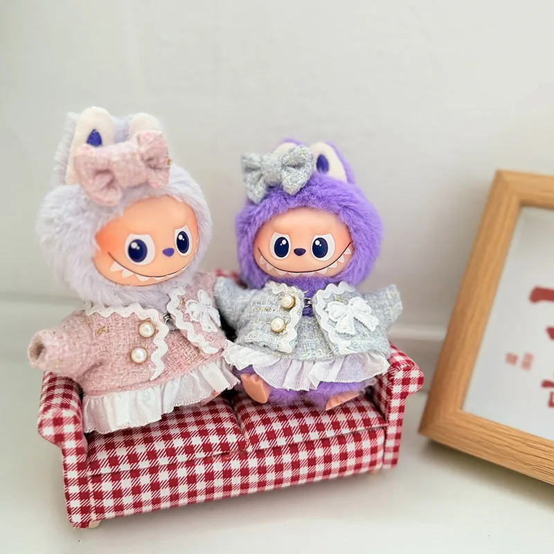 4-го поколения Mini Labubu Heart Code Series Твидовое элегантное ожерелье с жемчугом Женский стиль Наряд в розовом, белом, синем, черном для куклы 10 см