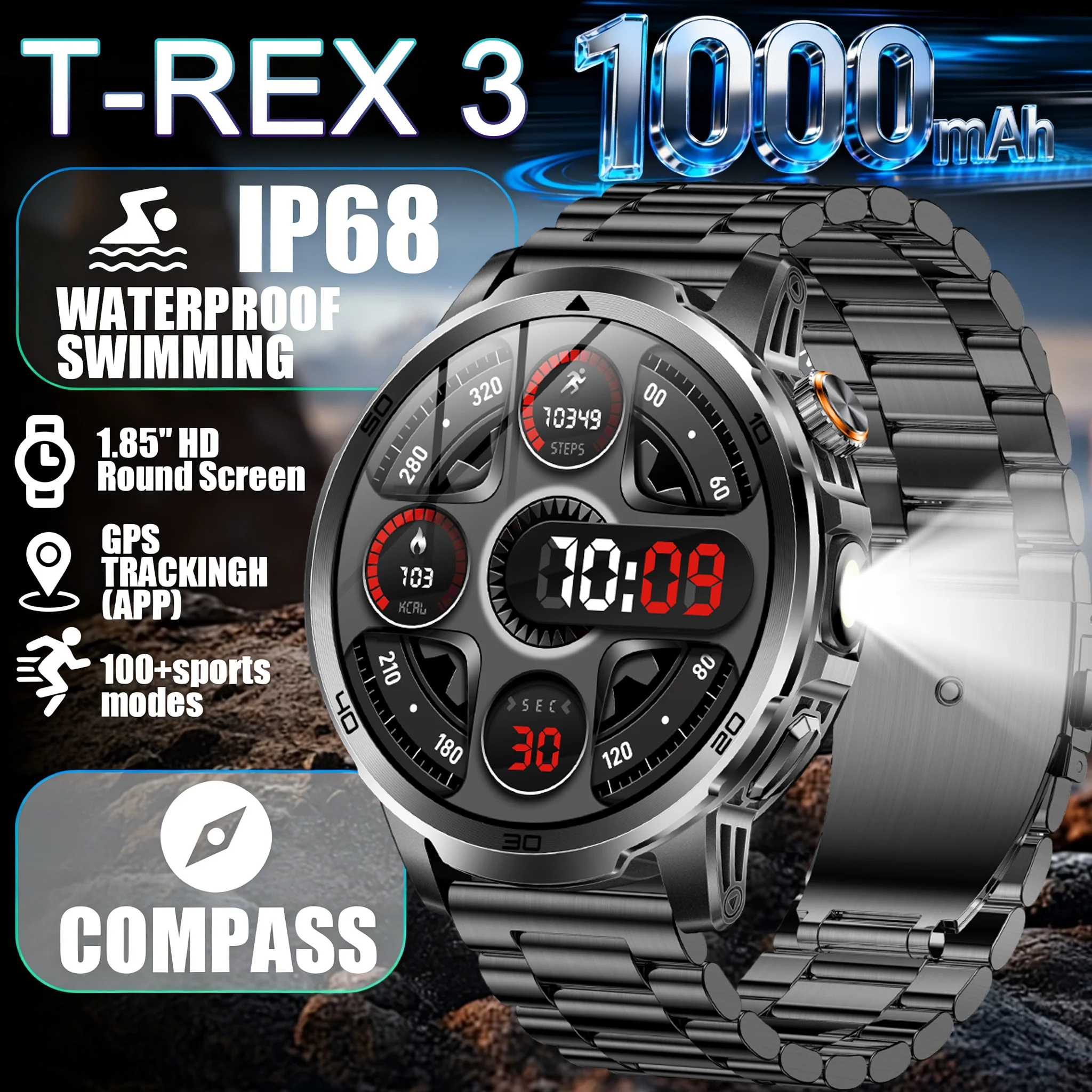 T-Rex3 Ultra New Built in GPS Compass Smart Watch 1000mAh Battery 10ATM Waterproof Sports Tracker Outdoors Military Smartwatches