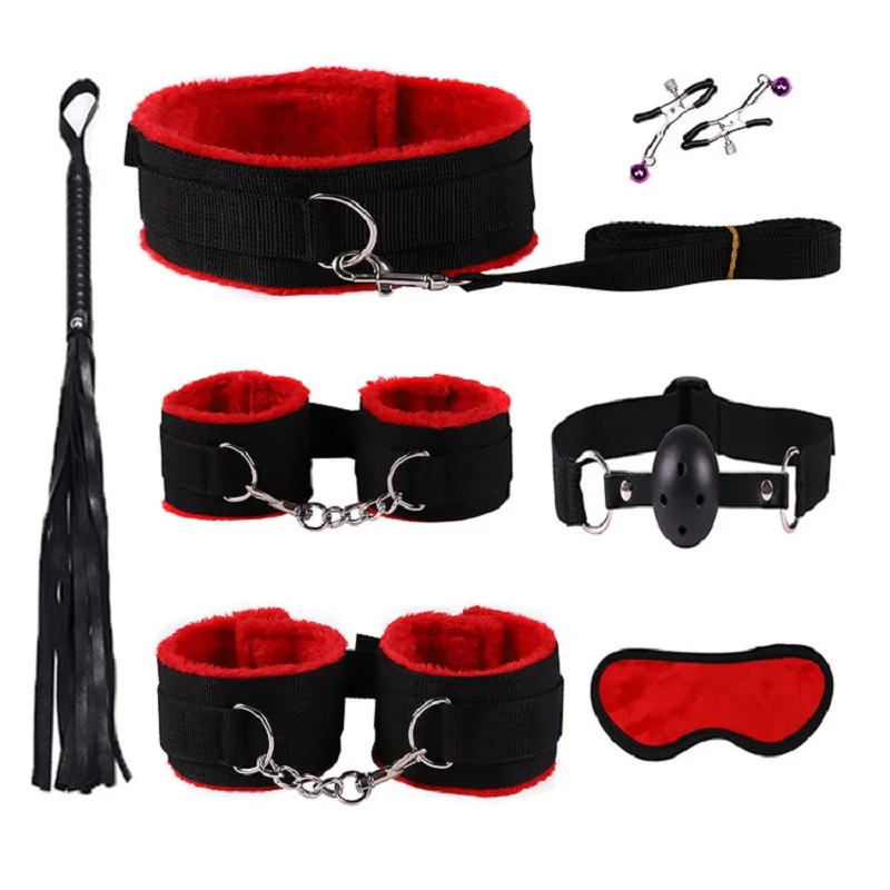 7PC BDSM Bed Restraints Sex Toy Kits Handcuffs 18+ Adult Sex Game Sexy Suit Nipple Clipper Mouth Gag Whip Sex Feather Soft SM