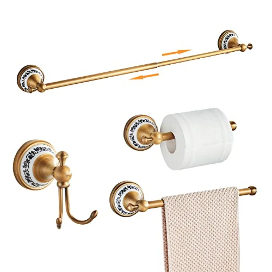 

Bathroom hardware set for wall mounting: antique bronze finish, adjustable towel rack, toilet paper holder, hand towel holder,