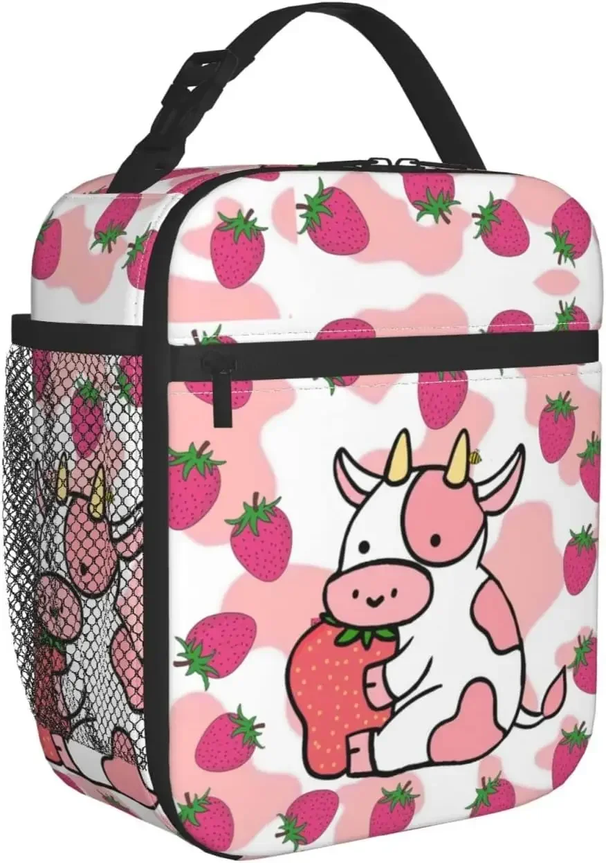 

Strawberry Cow Lunch Box Reusable Lunch Bag for Men and Women Insulated Lunch Box Freezer Bag for Work Camping Trips