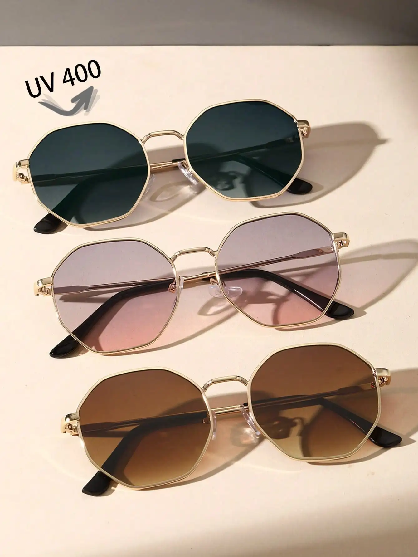 Lunettes de soleil à monture complète en cuivre de couleur unie pour femmes, 3 pièces, monture irrégulière décontractée, protection UV, design minimaliste et tendance pour le quotidien