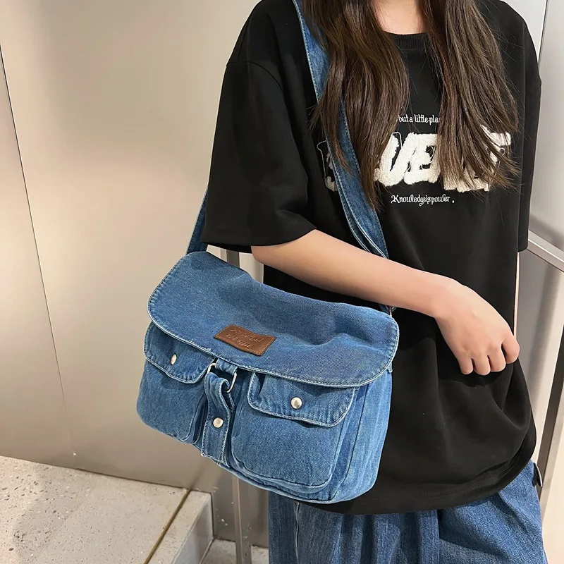 Denim shoulder bag for women 2024 new double pocket messenger bag with large capacity campus work style canvas bag