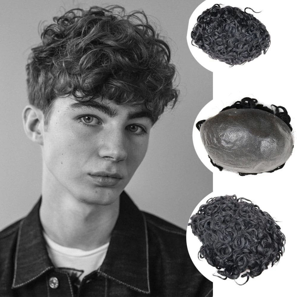 Breathable 8x10 Pu Base Super Thin Skin Men Toupee 100% Human Hair Wigs Replacement Capillary Prosthesis Curly Hair Unit