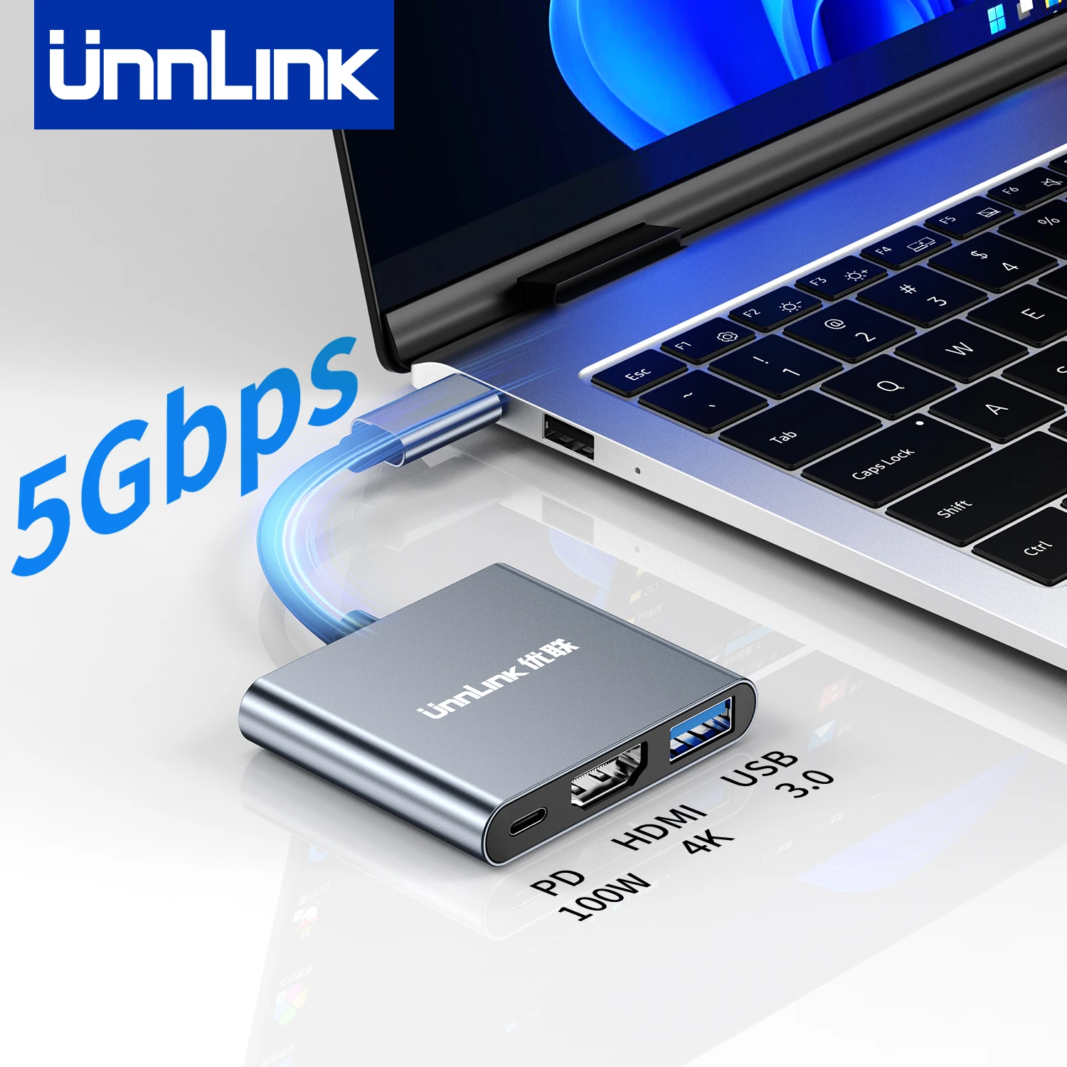 

Unnlink 3 In 1 USB Hub, USB Type C to HDMI 4K@30Hz + USB 3.0 + PD 100W Adapter for MacBook Mac Mini Laptop