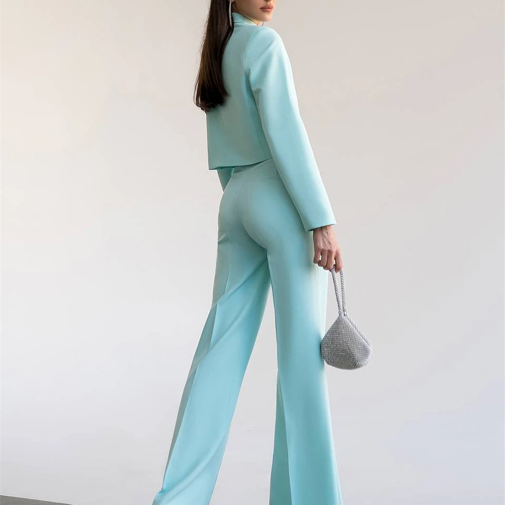 Tifany Green Two Piece Women Suit With Cropped Blazer Wide Leg Pants With Slit Wedding Guest Suit Pants Suit