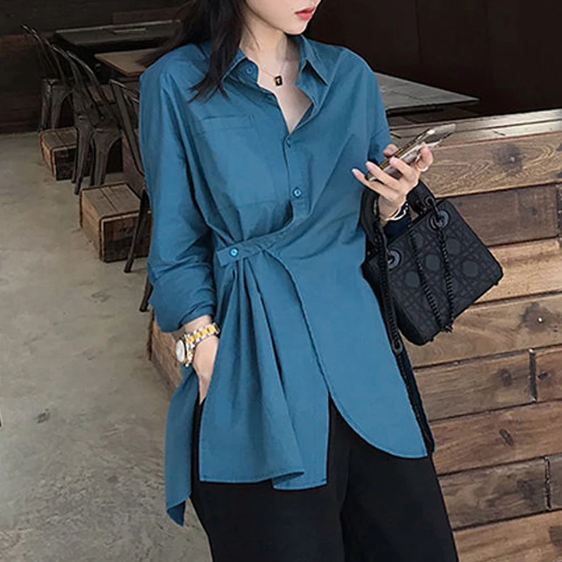 Women Trendy Vintage Asymmetrical Design Button Shirts Simple Chic Slit Loose Blouse Female Solid Long Sleeve Tops Casual Blusas