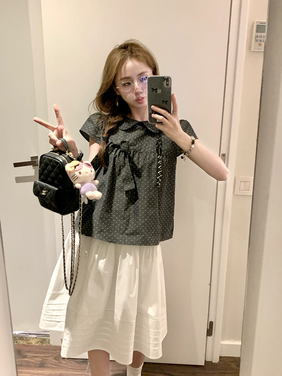 

ay Polka Dot Doll Collar irt Knot Light Thin Spring Summer Women's Faion Commute Sle ort Sve Slim Fit