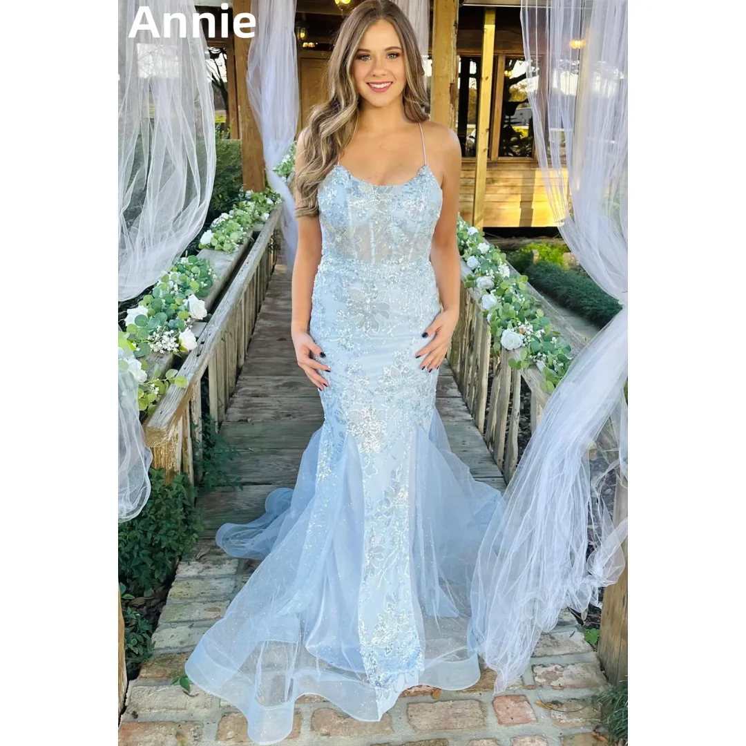 

Annie Light Blue Prom Dresses Embroidered Glitter Tulle Evening Dresses Backless corset Cocktail Dresses Elegant Party Dress