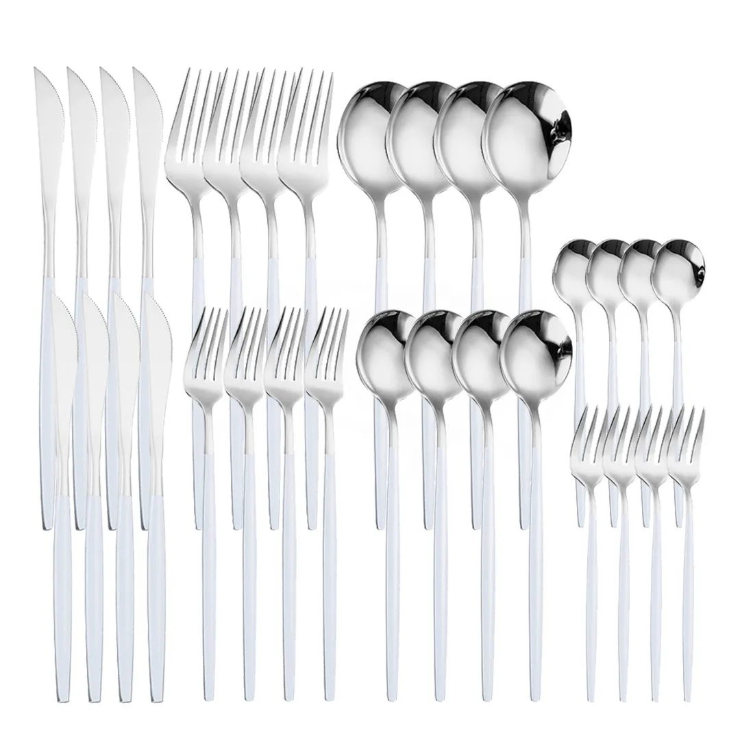 

32pcs Western Silverware Cutlery Set Stainless Steel Dinnerware Knifes Forks Tea Spoons Set White Silver Home Tableware Set