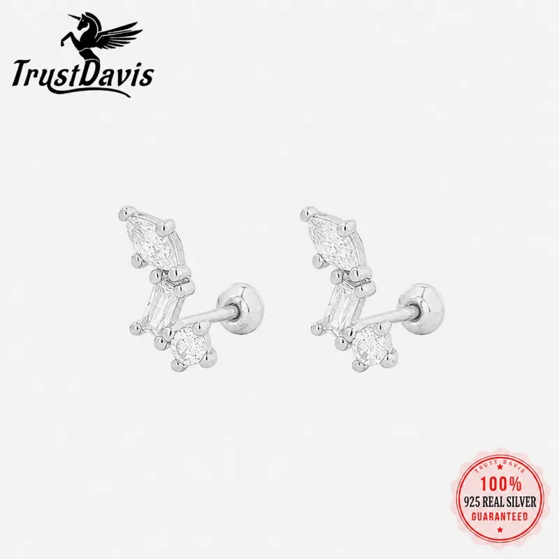 TrustDavis Real 925 Sterling Silver Fashion and Simple Irregular Zircon Stud Earrings for Women Daily Wear Jewelry Gift DS4991