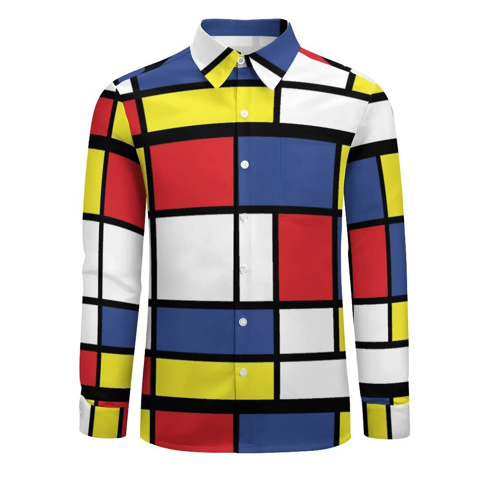 Colorblock Blouse Mens Mondrian Reinterpretation Shirt Long Sleeve Classic Streetwear Casual Shirts Autumn Printed Top Plus Size