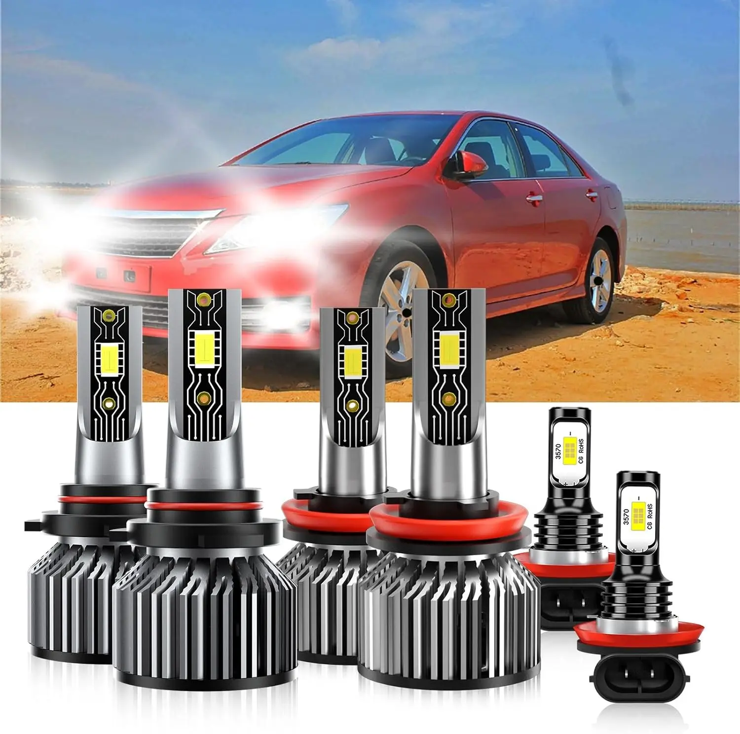 Compatible For Toyota Camry 2007-2014 9005 H11 High/Low Beam H11 Fog Light Bulbs, 600% Brightness 6500K White with Cooling Fan,