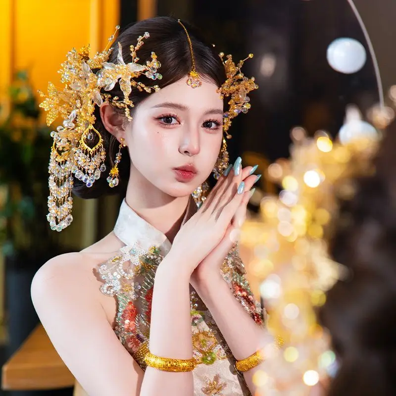 High End Golden Chinese Vintage Xiuhe Head Ornaments Handmade Beaded Flower Hairpin Set Accessories