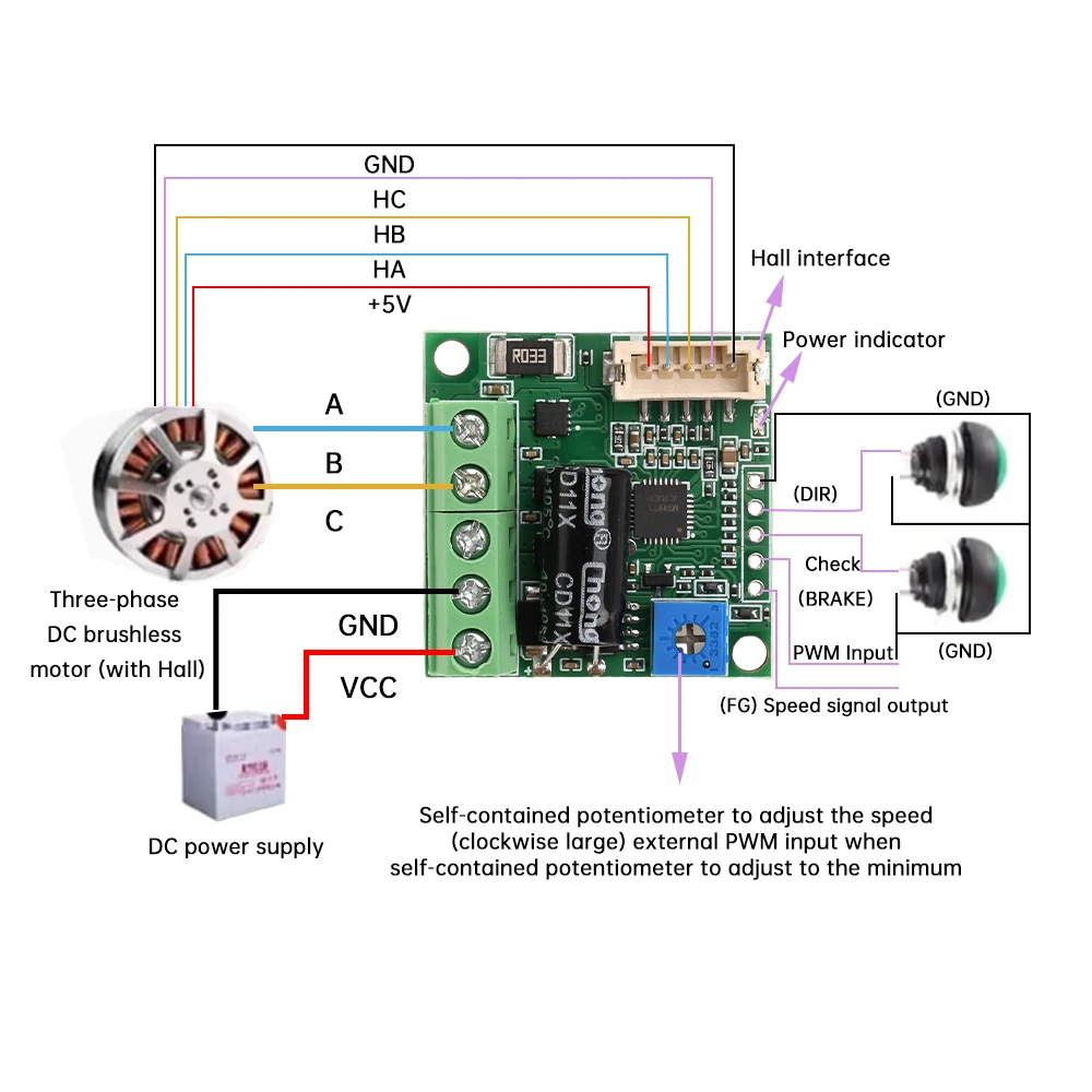 Módulo de acionamento do motor sem escova Hall Módulo de controle de velocidade do motor PWM Proteção Stall com potenciômetro DC 6-24V, 100W, trifásico