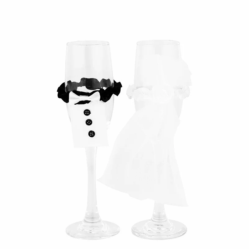 2 teile/satz Wein becher Hochzeit Braut Bräutigam Kleid Dekor Ornamente Hochzeits feier Ereignisse Elastizität Spitze Champagner Glasflasche Abdeckung