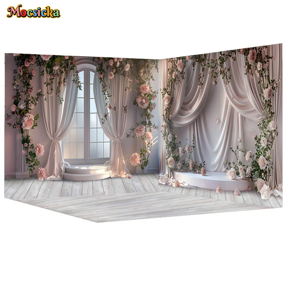 

Wedding Photography Background Pink Flower Decor Curtain Window Backdrop Wallpaper Girl Bride Show Birthday Portrait PhotoStudio