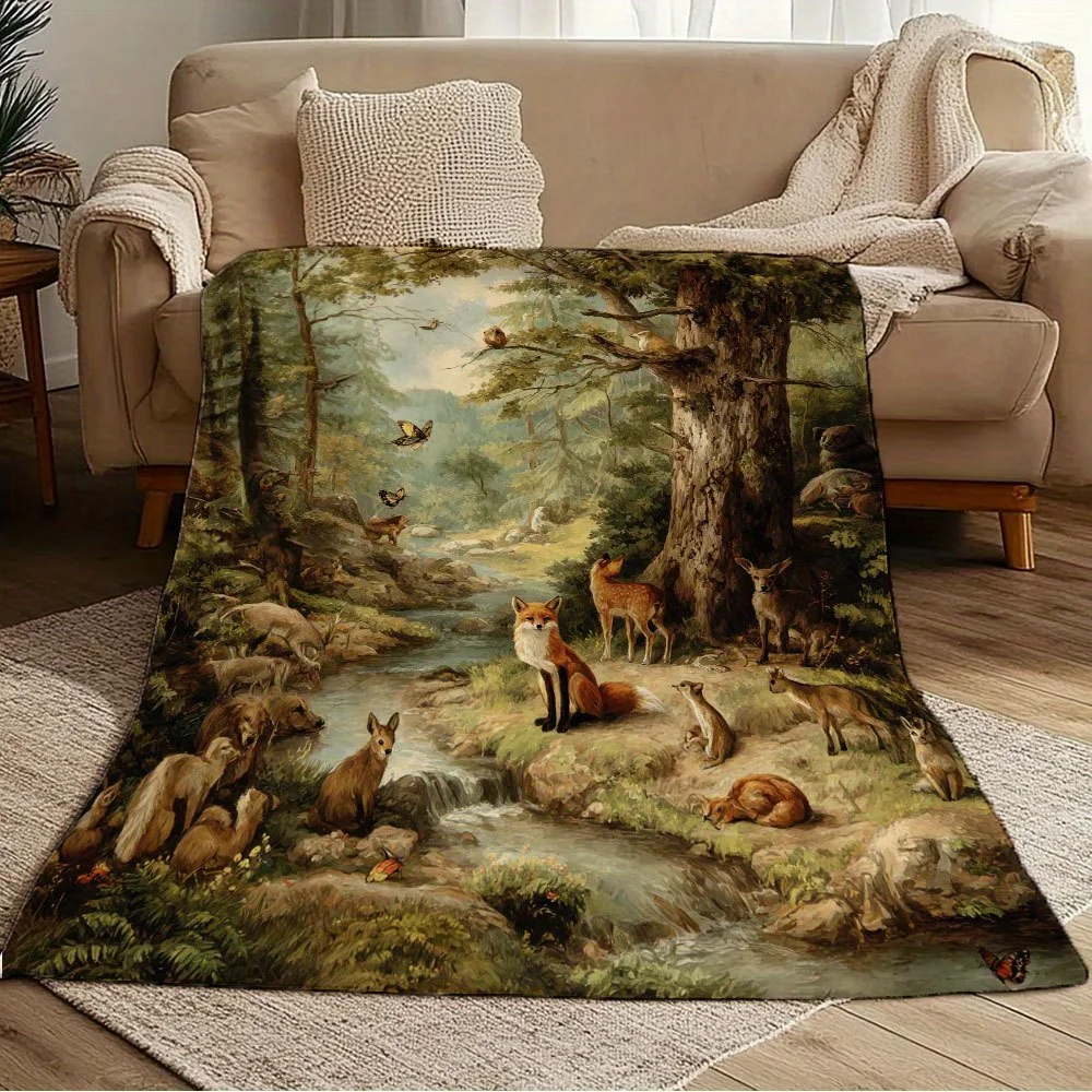 Vintage Woodland Harmony Scene Flannel Blanket - Warm & Soft Throw with Foxes, Birds & Deer Forest Print for Sofa, Bed, Car