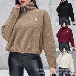 Mandylandy Lamb Wool Fleece Sweatshirts Coats Women Stand-up Collar Casual Long-sleeved Sweater Pullovers Casual Sweatshirts