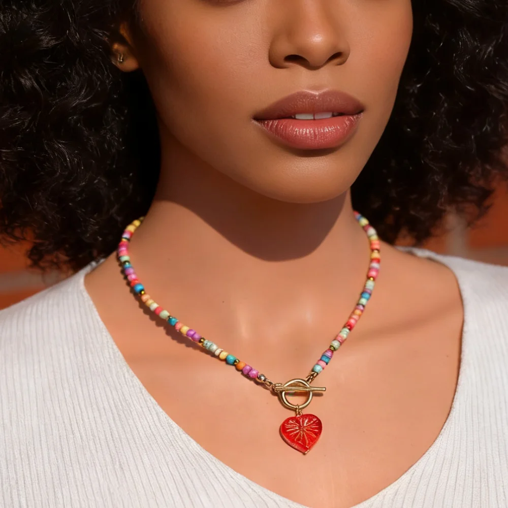 Herzanhänger 4mm Stein Choker Halskette für Frauen Neues Design Glasperlen Böhmischer Sommer Strand Schmuck Accessoires
