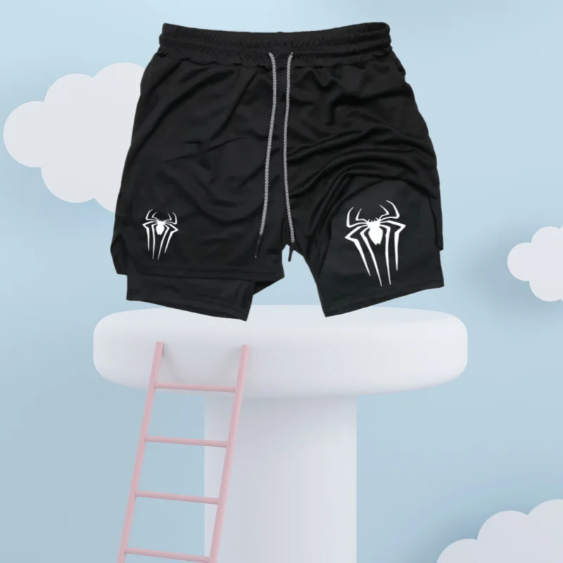 

Double Layer Fitness Shorts Y2K Performance Shorts Men Spider Printed GYM Sports Compression Shorts Workout Running Sport Shorts