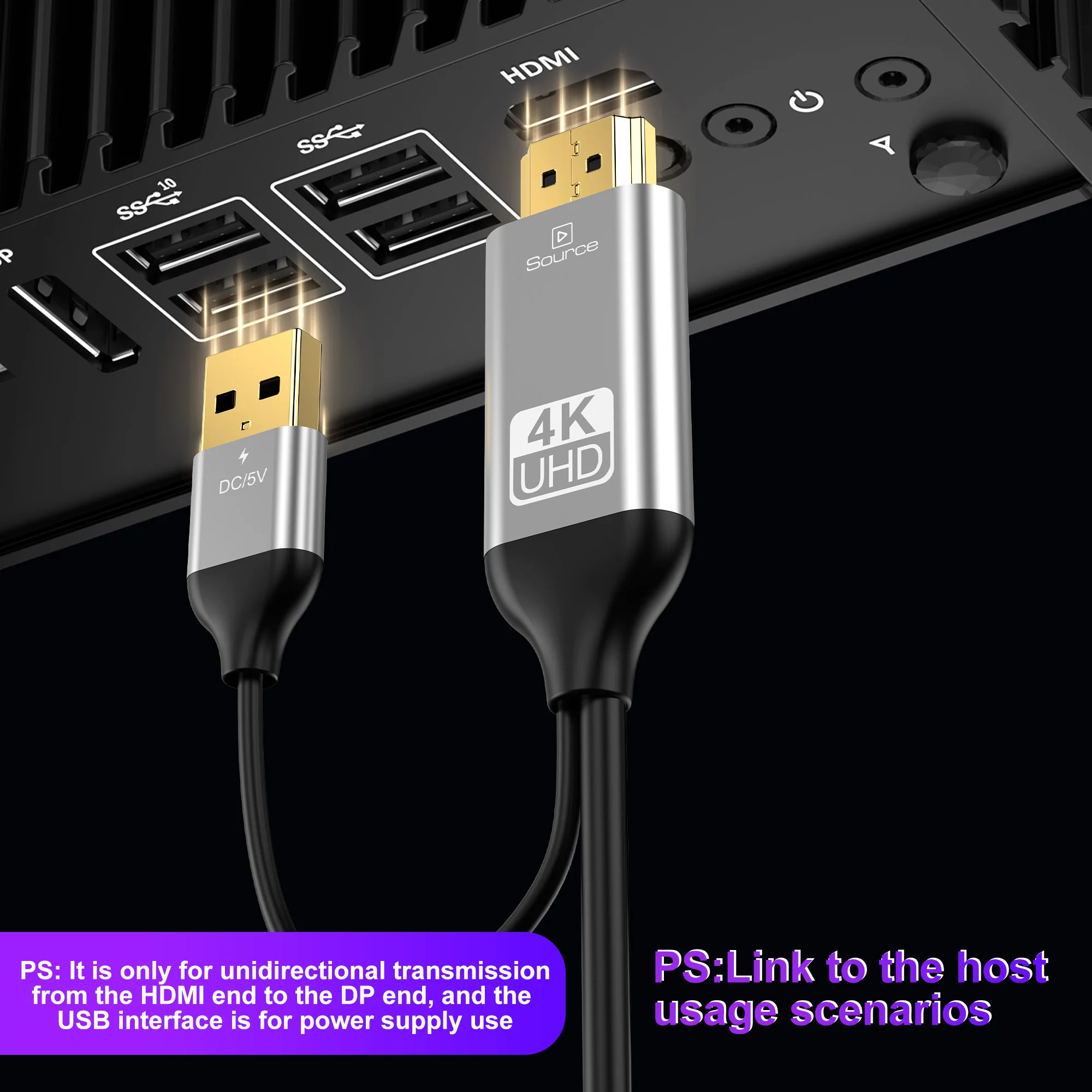 HDMI to DisplayPort Cable 4K@60Hz Uni-Directional  Adapter Active Source to DP Monitor Cord Compatible PC Laptop 1080P