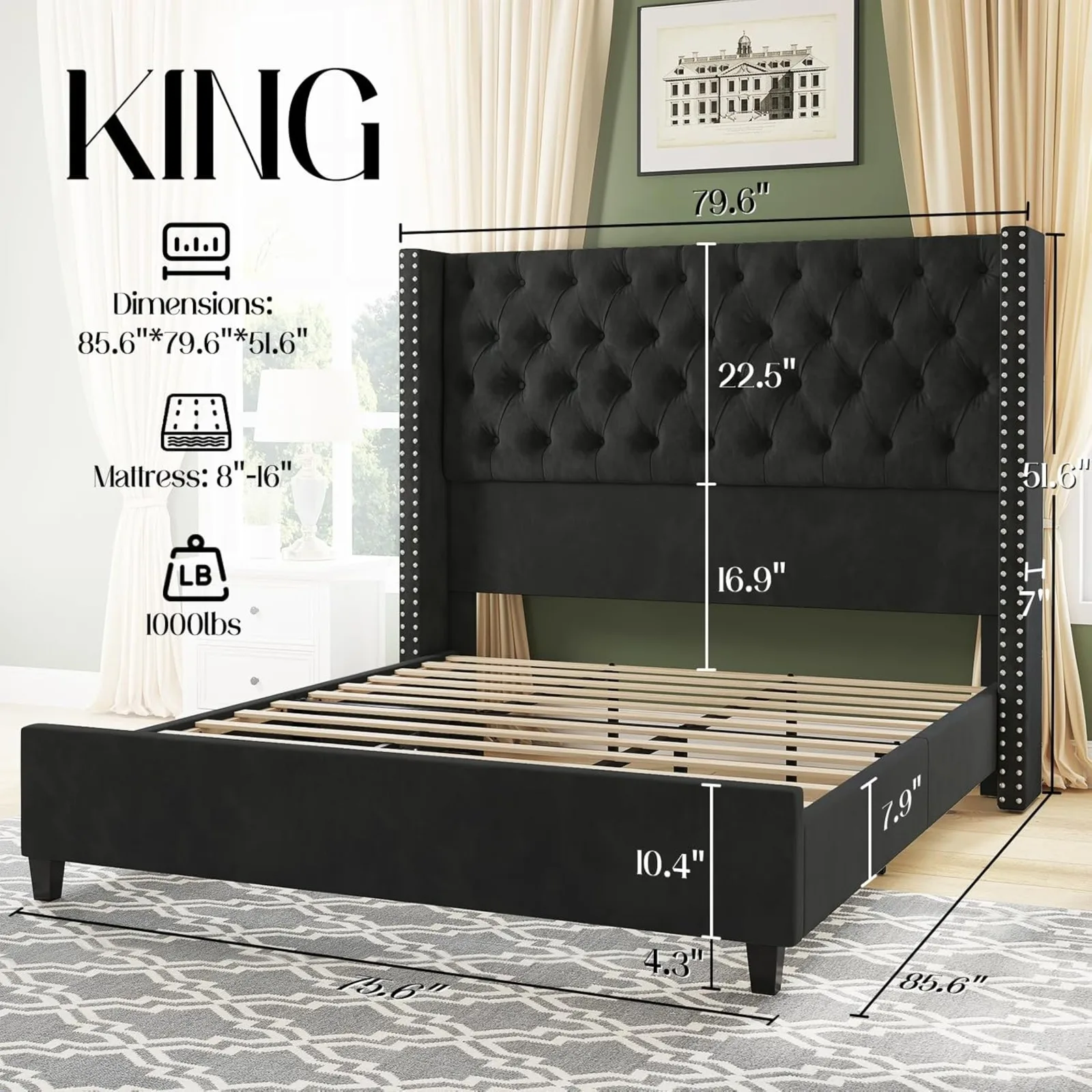 US King Upholstered Bed Frame with Tall Headboard Wingback Platform Bed Tufted Deep Button Velvet/No Box Spring Needed/Easy