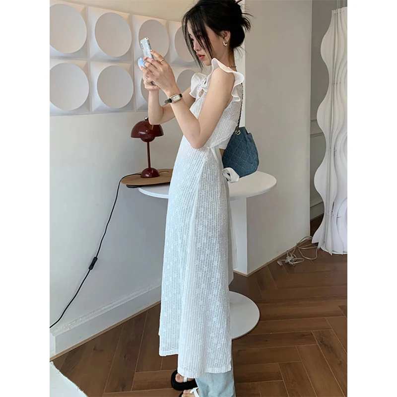 MEXZT Flying Sleeve Dress Women Solid Bandage Hollow Out A Line Midi Dresses Elegant Korean Chic Criss Cross Backless Vestidos