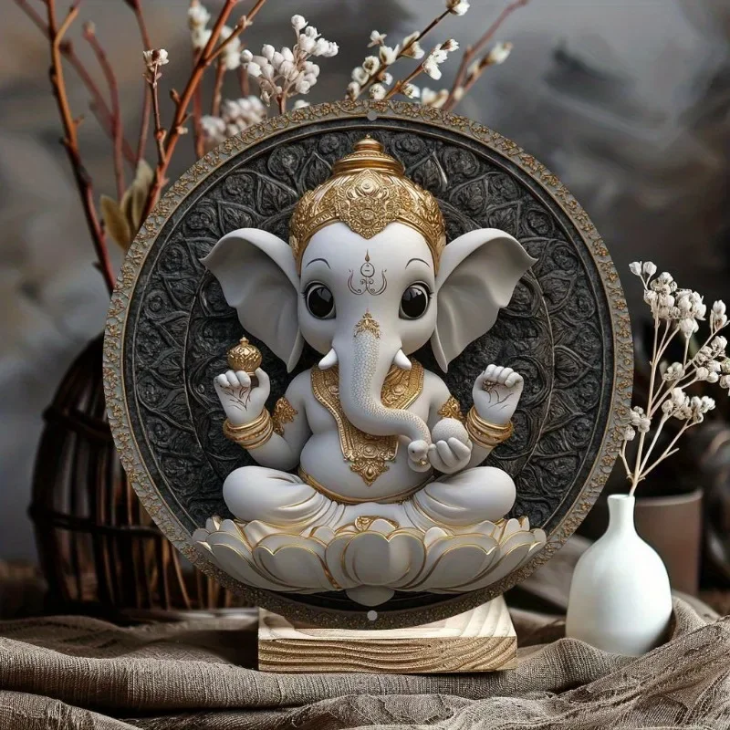 Ganesha Themed Round Metal Wall Art, Aluminum Decorative Sign for Bar, Kitchen, Coffee, Home, Office, Party Favor, Holiday Gift
