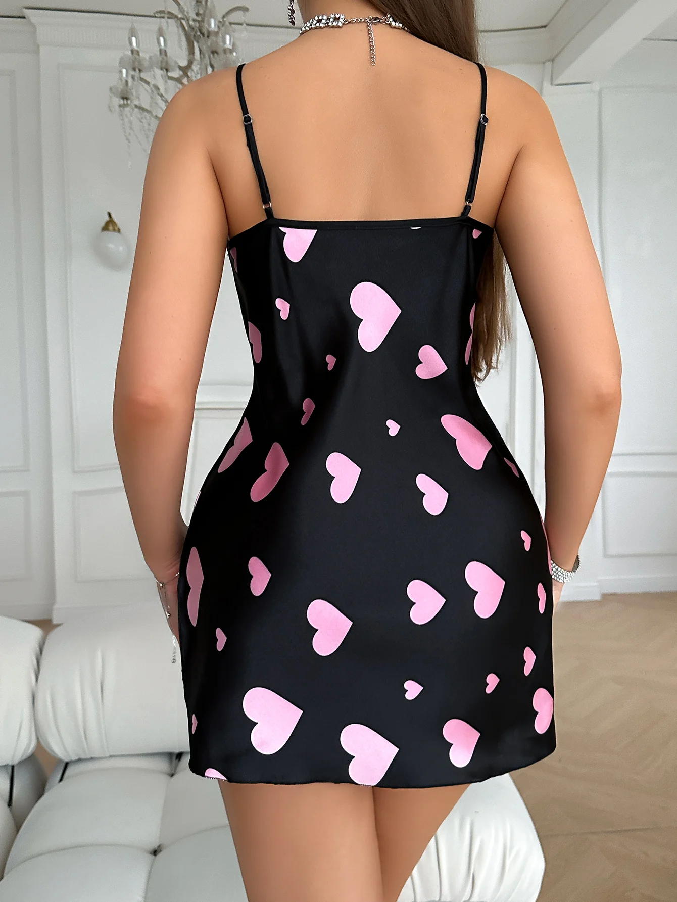 Heart Pattern Slip Night Dress Women V Neck Thin Spaghetti Straps Nightgown Fashionable and Comfortable Women's Pajamas