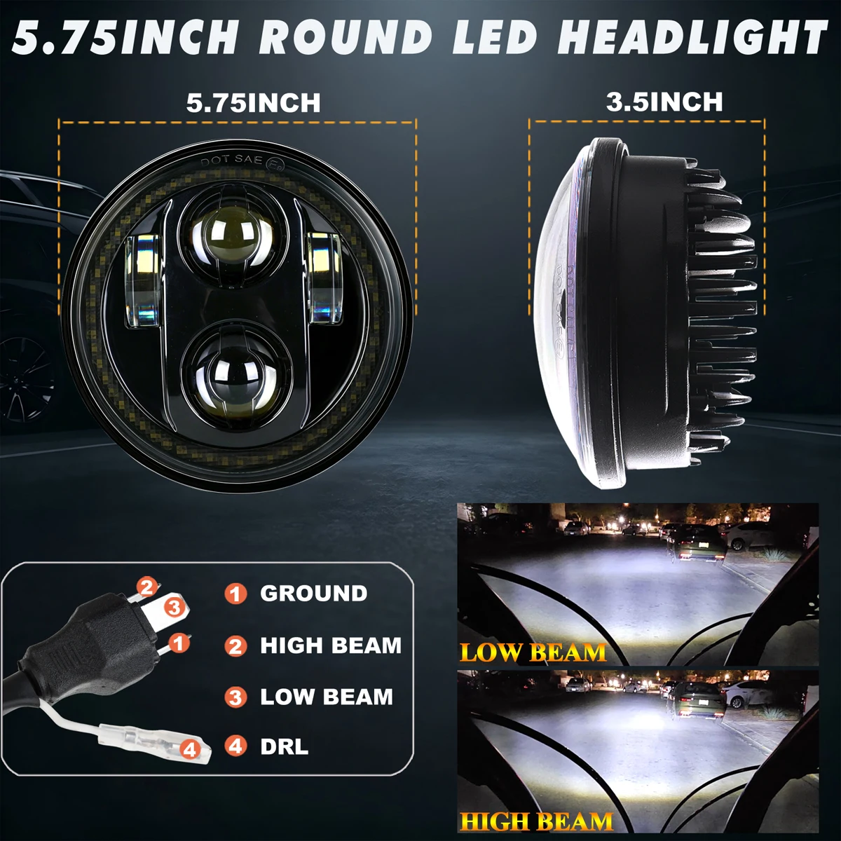 5.75 LED Motorcycle Headlight White/Amber/Red/Blue Halo Ring Compatible with 883 48 72 XG500 XG750 Wide Glide Indian Scout