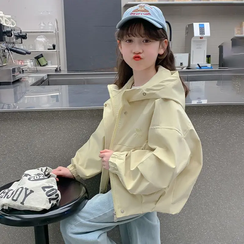 2026 Girls Jacket Spring Autumn Solid Color Hooded Zipper Windbreaker For 4 5 6 8 10 12 14 Years Girls Casual Outdoor Coat