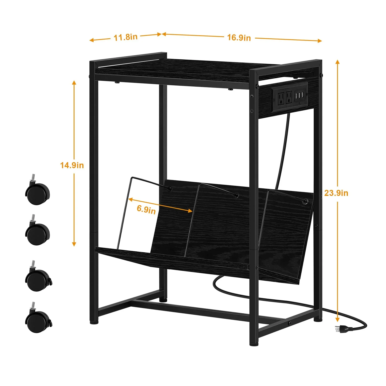 Record Player Stand with Vinyl Storage Side Table with Charging Station, 2 Tier with wheels Record Player Table for Living Room