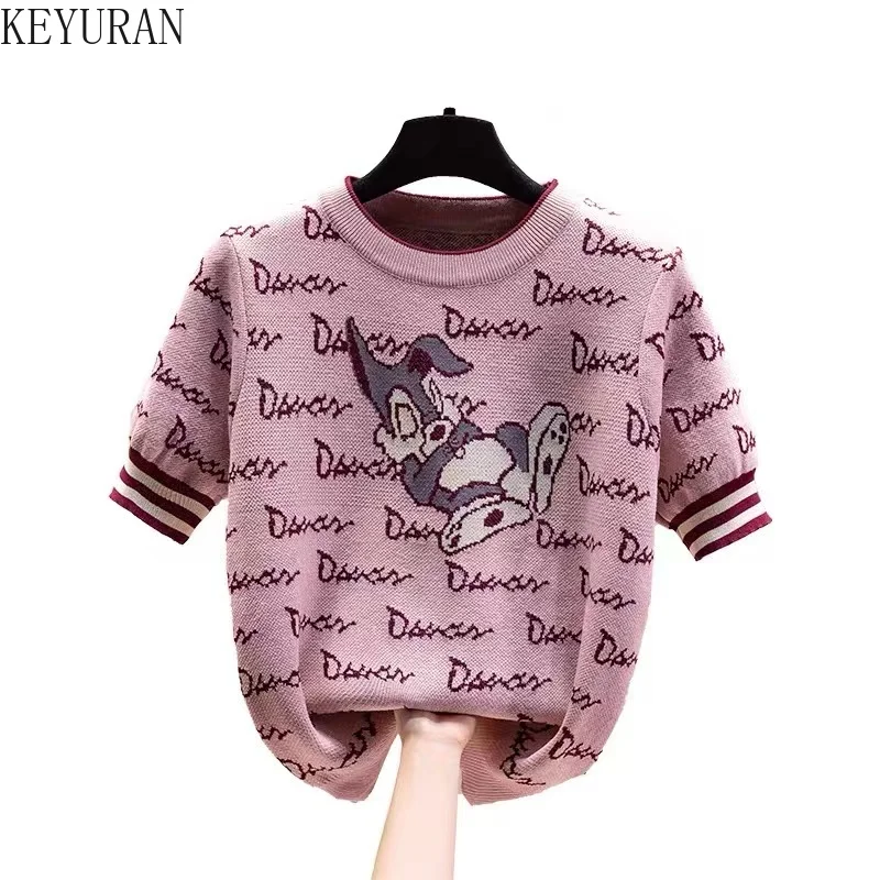 Ins-Tops de punto de manga corta con letras de dibujos animados para mujer, camiseta informal holgada con cuello redondo, camiseta fina de seda de