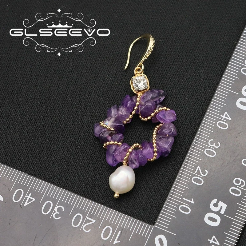 GLSEEVO Shiny Zircon Amethyst Entangle Natural Freshwater Pearls Ear Hooks Luxury Exquisite Women's Earrings Fine Jewelry