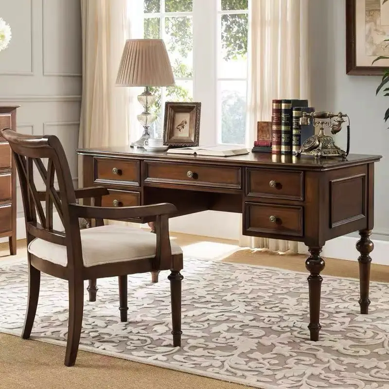 Modern Simple American Country Solid Wood Desk Chair Combination Student Desktop Computer Desk Household Desk Walnut